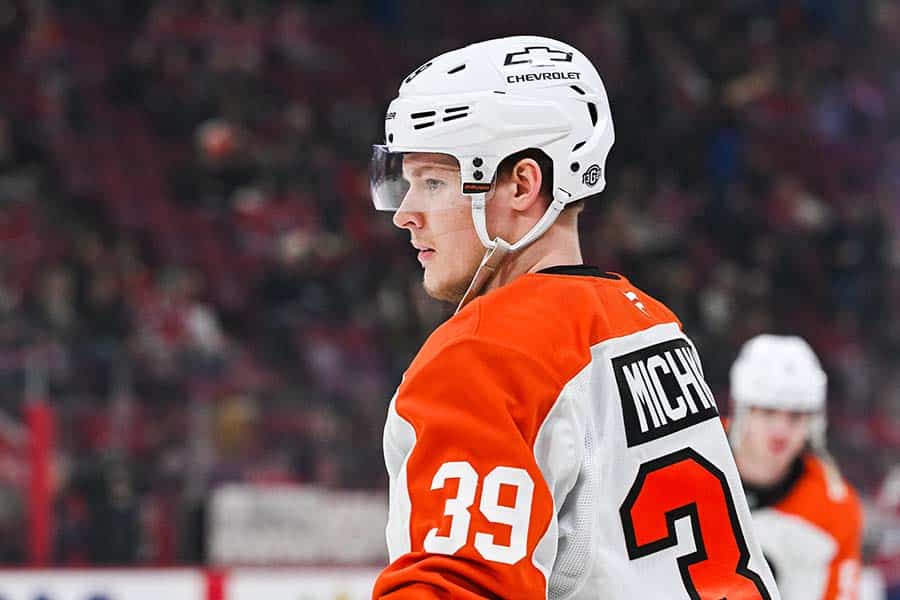 MONTREAL, QC - APRIL 05: Look on Philadelphia Flyers right wing Matvei Michkov (39) during warm-up before the Philadelphia Flyers versus the Montreal Canadiens game on April 05, 2025, at Bell Centre in Montreal, QC