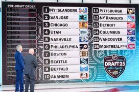 SECAUCUS, NEW JERSEY - MAY 05: (L-R) ESPN's John Buccigross and National Hockey League Deputy Commissioner, Bill Daly, announce the final draft positions during the 2025 NHL Draft Lottery at NHL Network Studio on May 5, 2025 in Secaucus, New Jersey.