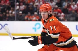 ANAHEIM, CALIFORNIA - NOVEMBER 15: Trevor Zegras #11 of the Anaheim Ducks skates to a puck during the second period of a game against the Detroit Red Wings at Honda Center on November 15, 2024 in Anaheim, California.