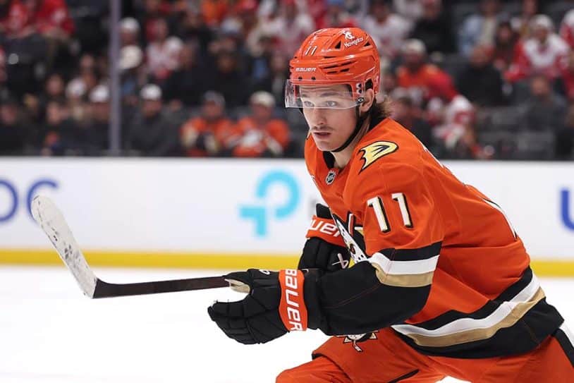 ANAHEIM, CALIFORNIA - NOVEMBER 15: Trevor Zegras #11 of the Anaheim Ducks skates to a puck during the second period of a game against the Detroit Red Wings at Honda Center on November 15, 2024 in Anaheim, California.