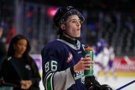 LONDON, ONTARIO - NOVEMBER 26: Forward Braeden Cootes #86 of Team CHL warms up prior to a game against Team USA during the CHL USA Prospects Challenge at Canada Life Place on November 26, 2024 in London, Ontario.