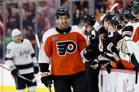 PHILADELPHIA, PENNSYLVANIA - DECEMBER 19: Noah Cates #27 of the Philadelphia Flyers smiles after scoring a first period goal against the Los Angeles Kings at the Wells Fargo Center on December 19, 2024 in Philadelphia, Pennsylvania.