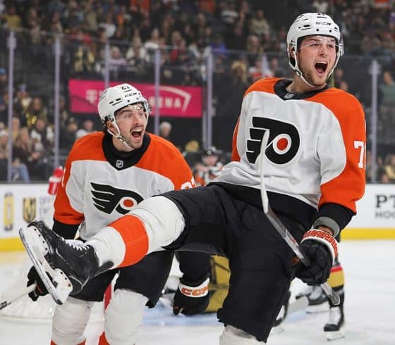 LAS VEGAS, NEVADA - JANUARY 02: Tyson Foerster (R) #71 of the Philadelphia Flyers celebrates with teammate Noah Cates #27 after Cates assisted Foerster on a first-period goal against the Vegas Golden Knights during their game at T-Mobile Arena on January 02, 2025 in Las Vegas, Nevada. The Golden Knights defeated the Flyers 5-2.