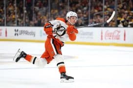 BOSTON, MASSACHUSETTS - FEBRUARY 22: Trevor Zegras #11 of the Anaheim Ducks skates against the Boston Bruins during the second period at TD Garden on February 22, 2025 in Boston, Massachusetts.
