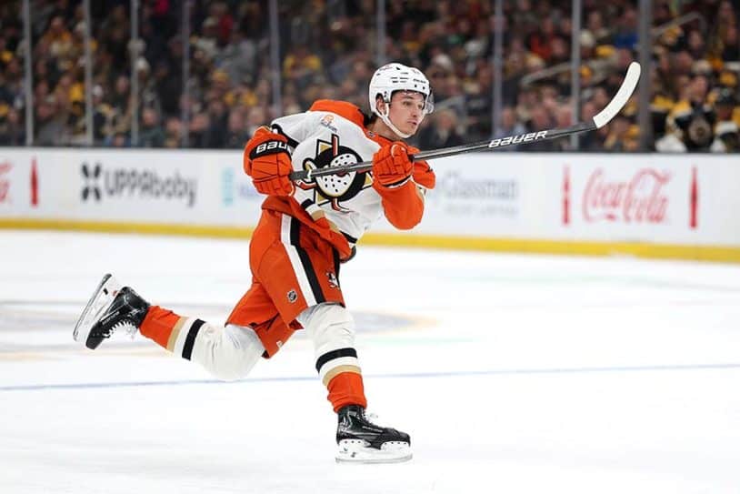 BOSTON, MASSACHUSETTS - FEBRUARY 22: Trevor Zegras #11 of the Anaheim Ducks skates against the Boston Bruins during the second period at TD Garden on February 22, 2025 in Boston, Massachusetts.