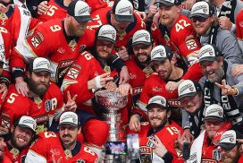 SUNRISE, FLORIDA - JUNE 17: The Florida Panthers celebrate with the Stanley Cup after defeating the Edmonton Oilers 5-1 in Game Six of the 2025 Stanley Cup Final at Amerant Bank Arena on June 17, 2025 in Sunrise, Florida.