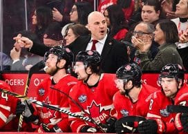 MONTREAL, CANADA - FEBRUARY 15: Assistant coach Rick Tocchet of Team Canada handles the bench during the first period against Team USA in the 2025 NHL 4 Nations Face-Off at the Bell Centre on February 15, 2025 in Montreal, Quebec, Canada. Team USA defeated Team Canada 3-1.