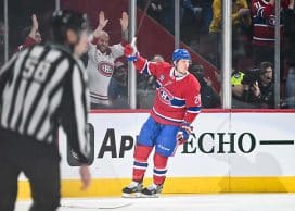MONTREAL, CANADA - MARCH 18: Christian Dvorak #28 of the Montreal Canadiens celebrates his goal during the first period against the Ottawa Senators at the Bell Centre on March 18, 2025 in Montreal, Quebec, Canada.