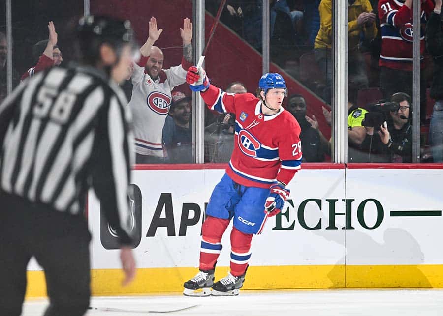 MONTREAL, CANADA - MARCH 18: Christian Dvorak #28 of the Montreal Canadiens celebrates his goal during the first period against the Ottawa Senators at the Bell Centre on March 18, 2025 in Montreal, Quebec, Canada.