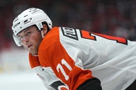 WASHINGTON, DC - MARCH 20: Tyson Foerster #71 of the Philadelphia Flyers looks on against the Washington Capitals during the third period at Capital One Arena on March 20, 2025 in Washington, DC.