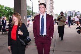 LONDON, CANADA - JULY 24: Carter Hart arrives at the London Courthouse, in London, Ontario, Canada on July 24, 2025. Former world junior hockey players Dillon Dubé, Cal Foote, Alex Formenton, Carter Hart and Michael McLeod, have all pleaded not guilty to a sexual assault that allegedly occurred at a London hotel in June 2018 as the team was celebrating their world championship win months earlier.