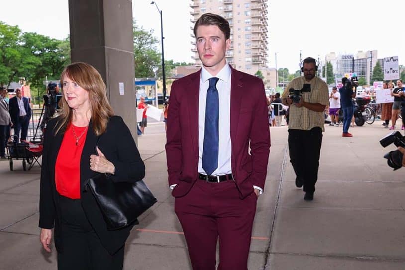 LONDON, CANADA - JULY 24: Carter Hart arrives at the London Courthouse, in London, Ontario, Canada on July 24, 2025. Former world junior hockey players Dillon Dubé, Cal Foote, Alex Formenton, Carter Hart and Michael McLeod, have all pleaded not guilty to a sexual assault that allegedly occurred at a London hotel in June 2018 as the team was celebrating their world championship win months earlier.