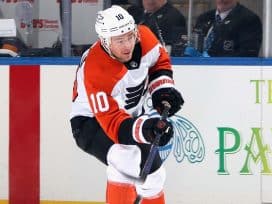Bobby Brink #10 of the Philadelphia Flyers skates against the New York Islanders at UBS Arena on January 16, 2025 in Elmont, New York.