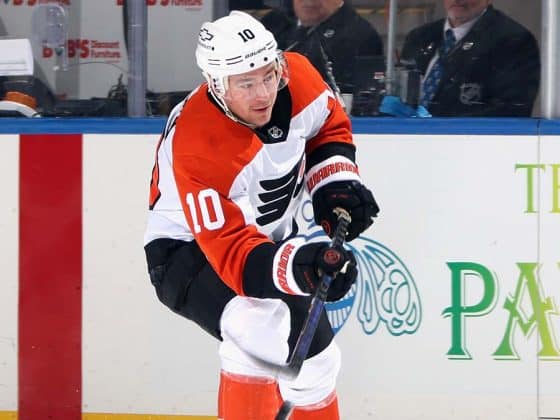Bobby Brink #10 of the Philadelphia Flyers skates against the New York Islanders at UBS Arena on January 16, 2025 in Elmont, New York.