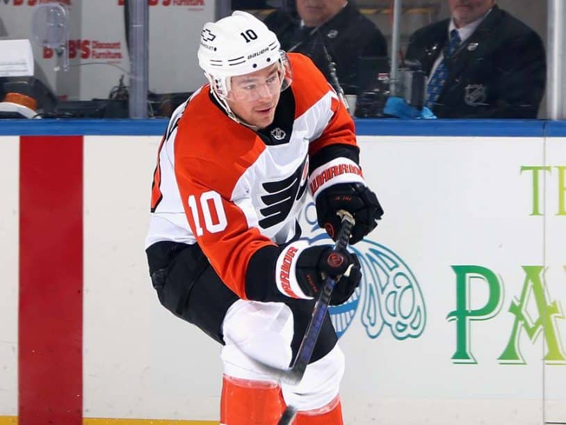 Bobby Brink #10 of the Philadelphia Flyers skates against the New York Islanders at UBS Arena on January 16, 2025 in Elmont, New York.