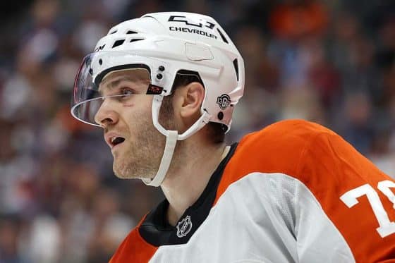 Jacob Gaucher #78 of the Philadelphia Flyers makes his NHL debut against the Colorado Avalanche in the first period at Ball Arena on February 02, 2025 in Denver, Colorado.