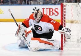 Aleksei Kolosov #35 of the Philadelphia Flyers makes a second period save against the New York Islanders in a preseason game at UBS Arena on September 21, 2025 in Elmont, New York.