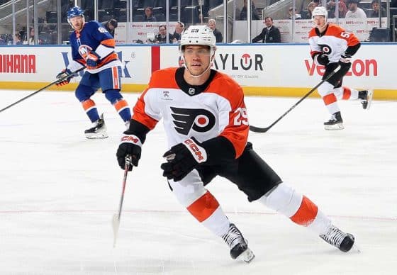 Nikita Grebenkin #29 of the Philadelphia Flyers skates against the New York Islanders in a preseason game at UBS Arena on September 21, 2025 in Elmont, New York.