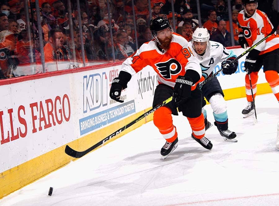 PHILADELPHIA, PENNSYLVANIA - OCTOBER 18: Ryan Ellis #94 of the Philadelphia Flyers skates against the Seattle Kraken during the first period at the Wells Fargo Center on October 18, 2021 in Philadelphia, Pennsylvania.