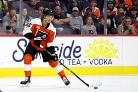 PHILADELPHIA, PENNSYLVANIA - OCTOBER 13: Trevor Zegras #46 of the Philadelphia Flyers controls the puck during a game against the Florida Panthers at Xfinity Mobile Arena on October 13, 2025 in Philadelphia, Pennsylvania.