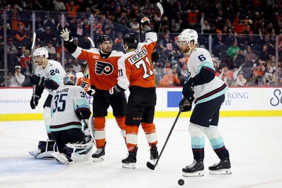 PHILADELPHIA, PENNSYLVANIA - OCTOBER 20: Tyson Foerster #71 of the Philadelphia Flyers celebrates his goal with Noah Cates #27 during the second period of a game against the Seattle Kraken at Xfinity Mobile Arena on October 20, 2025 in Philadelphia, Pennsylvania.