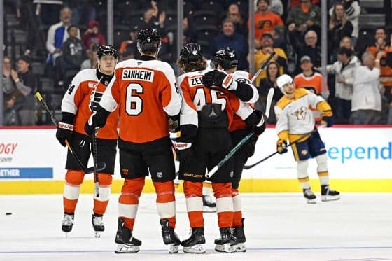 Oct 30, 2025; Philadelphia, Pennsylvania, USA; Philadelphia Flyers center Trevor Zegras (46) celebrates his goal with teammates against the Nashville Predators during the second period at Xfinity Mobile Arena.