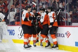 Nov 22, 2025; Philadelphia, Pennsylvania, USA; Philadelphia Flyers right wing Tyson Foerster (71) reacts with teammates after scoring a goal against the New Jersey Devils in the first period at Xfinity Mobile Arena.