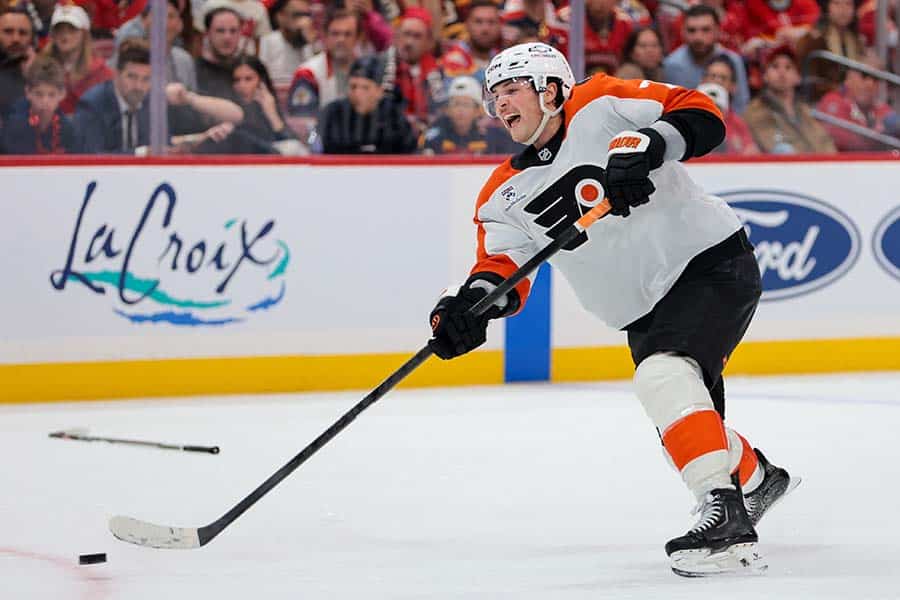 Nov 26, 2025; Sunrise, Florida, USA; Philadelphia Flyers right wing Tyson Foerster (71) scores against the Florida Panthers during the third period at Amerant Bank Arena.