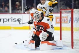Dec 1, 2025; Philadelphia, Pennsylvania, USA; Philadelphia Flyers goalie Dan Vladar (80) makes a save against the Pittsburgh Penguins in the second period at Xfinity Mobile Arena.