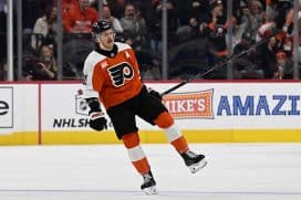 Dec 3, 2025; Philadelphia, Pennsylvania, USA; Philadelphia Flyers right wing Travis Konecny (11) celebrates his goal against the Buffalo Sabres during the first period at Xfinity Mobile Arena.