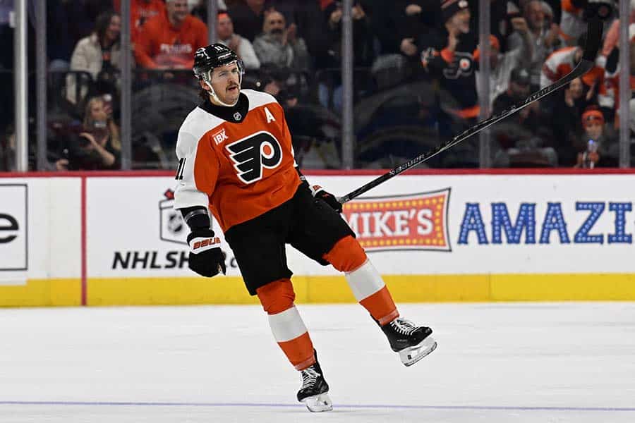 Dec 3, 2025; Philadelphia, Pennsylvania, USA; Philadelphia Flyers right wing Travis Konecny (11) celebrates his goal against the Buffalo Sabres during the first period at Xfinity Mobile Arena.