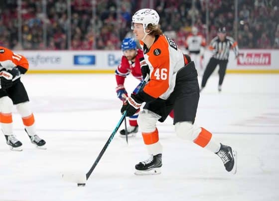 Dec 16, 2025; Montreal, Quebec, CAN; Philadelphia Flyers forward Trevor Zegras (46) plays the puck against the Montreal Canadians during the second period at the Bell Centre.