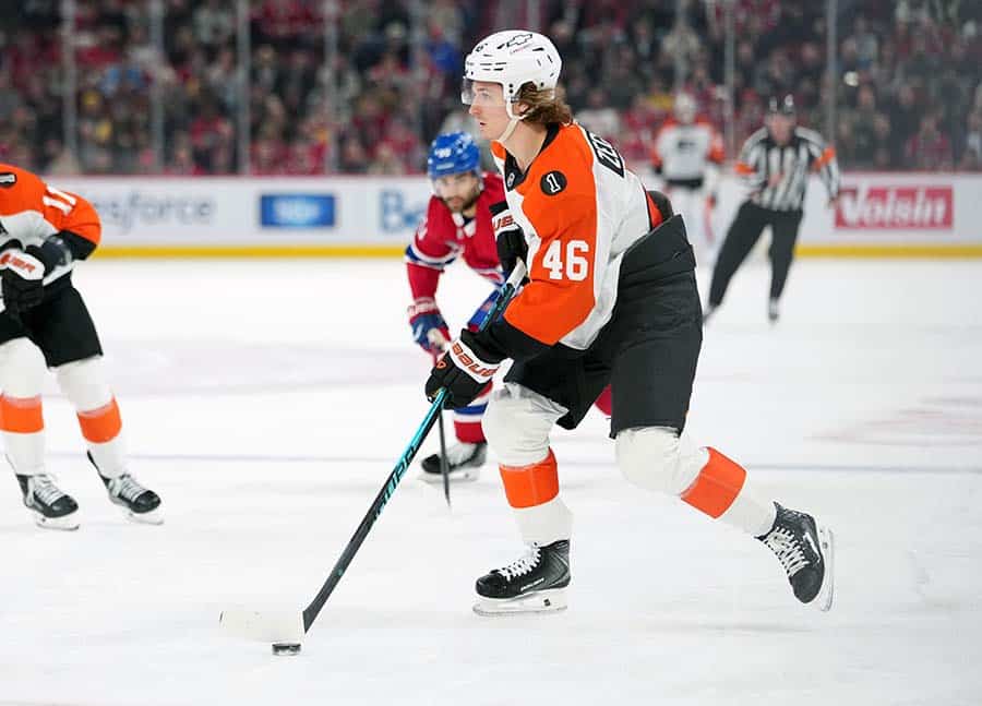 Dec 16, 2025; Montreal, Quebec, CAN; Philadelphia Flyers forward Trevor Zegras (46) plays the puck against the Montreal Canadians during the second period at the Bell Centre.