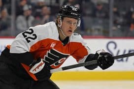 Dec 3, 2025; Philadelphia, Pennsylvania, USA; Philadelphia Flyers center Christian Dvorak (22) against the Buffalo Sabres at Xfinity Mobile Arena.