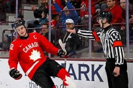 Jan 2, 2026; Minneapolis, Minnesota, USA; Canada forward Porter Martone (22) celebrates his goal against Slovakia during the second period in the quarterfinals of the 2026 IIHF World Junior Championship at 3M Arena.