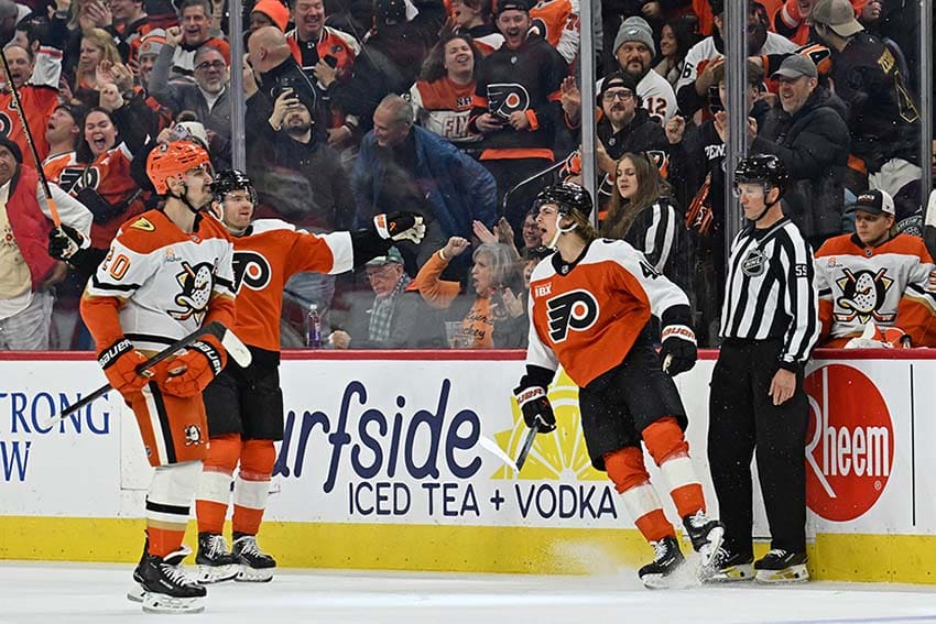 Jan 6, 2026; Philadelphia, Pennsylvania, USA; Philadelphia Flyers center Trevor Zegras (46) reacts after scoring goal against the Anaheim Ducks during the first period at Xfinity Mobile Arena.