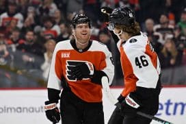 Jan 6, 2026; Philadelphia, Pennsylvania, USA; Philadelphia Flyers center Trevor Zegras (46) celebrates his goal with defenseman Cam York (8) against the Anaheim Ducks during the first period at Xfinity Mobile Arena.