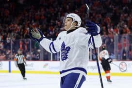 Jan 8, 2026; Philadelphia, Pennsylvania, USA; Toronto Maple Leafs right wing Easton Cowan (53) reacts after scoring the game winning goal against the Philadelphia Flyers during overtime at Xfinity Mobile Arena.