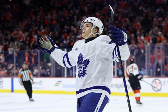 Jan 8, 2026; Philadelphia, Pennsylvania, USA; Toronto Maple Leafs right wing Easton Cowan (53) reacts after scoring the game winning goal against the Philadelphia Flyers during overtime at Xfinity Mobile Arena.