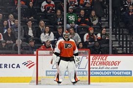 Jan 10, 2026; Philadelphia, Pennsylvania, USA; Philadelphia Flyers goaltender Samuel Ersson (33) reacts after allowing a goal against the Tampa Bay Lightning during the third period at Xfinity Mobile Arena.