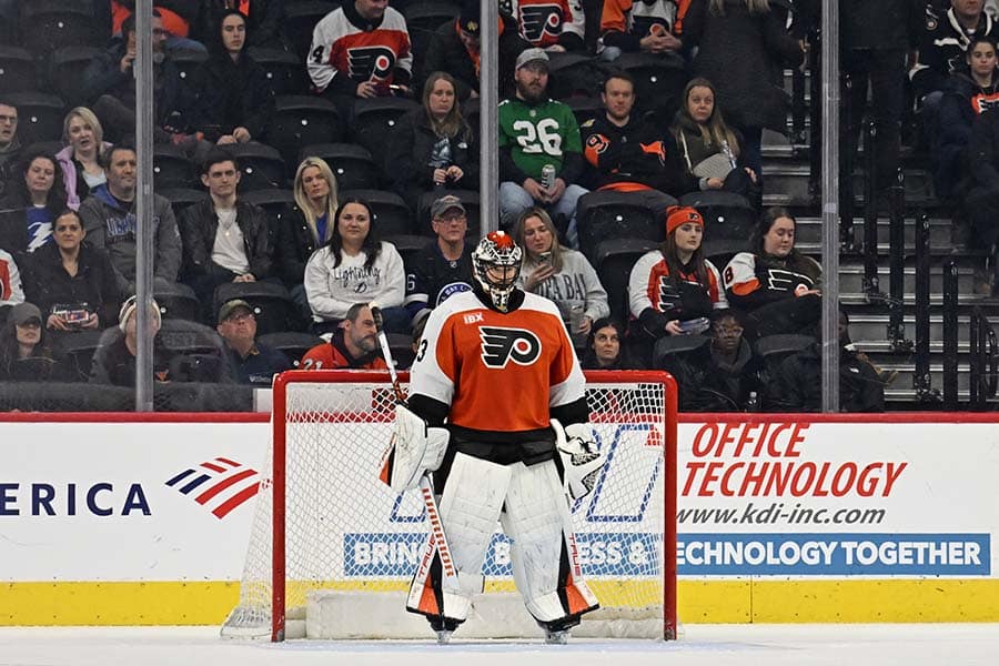 Jan 10, 2026; Philadelphia, Pennsylvania, USA; Philadelphia Flyers goaltender Samuel Ersson (33) reacts after allowing a goal against the Tampa Bay Lightning during the third period at Xfinity Mobile Arena.