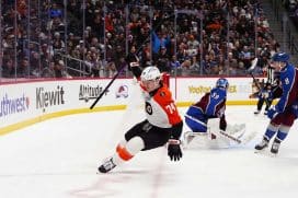 Jan 23, 2026; Denver, Colorado, USA; Philadelphia Flyers right wing Owen Tippett (74) celebrates his hat trick goal in the third period goal against the Colorado Avalanche at Ball Arena.