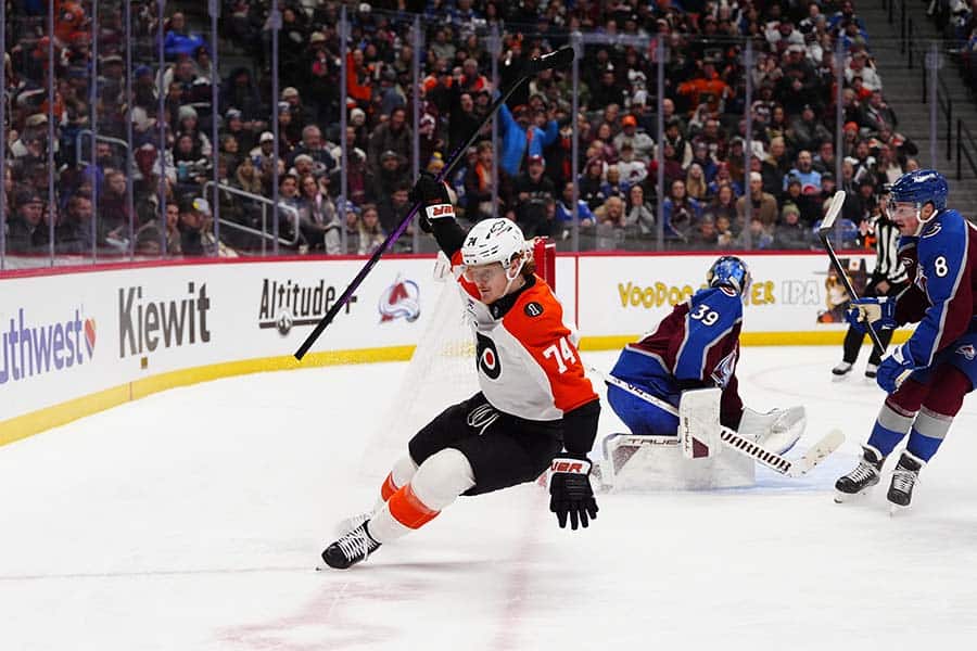 Jan 23, 2026; Denver, Colorado, USA; Philadelphia Flyers right wing Owen Tippett (74) celebrates his hat trick goal in the third period goal against the Colorado Avalanche at Ball Arena.