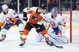 Jan 26, 2026; Philadelphia, Pennsylvania, USA; Philadelphia Flyers center Denver Barkley (52) controls the puck against the New York Islanders in the first period at Xfinity Mobile Arena.