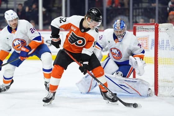 Jan 26, 2026; Philadelphia, Pennsylvania, USA; Philadelphia Flyers center Denver Barkley (52) controls the puck against the New York Islanders in the first period at Xfinity Mobile Arena.