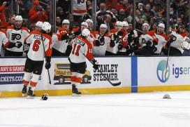 Jan 28, 2026; Columbus, Ohio, USA; Philadelphia Flyers right wing Travis Konecny (11) celebrates his hat trick goal during the third period against the Columbus Blue Jackets at Nationwide Arena.