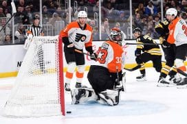 Jan 29, 2026; Boston, Massachusetts, USA; Boston Bruins left wing Viktor Arvidsson (71) scores a goal past Philadelphia Flyers goaltender Samuel Ersson (33) during the first period at TD Garden.
