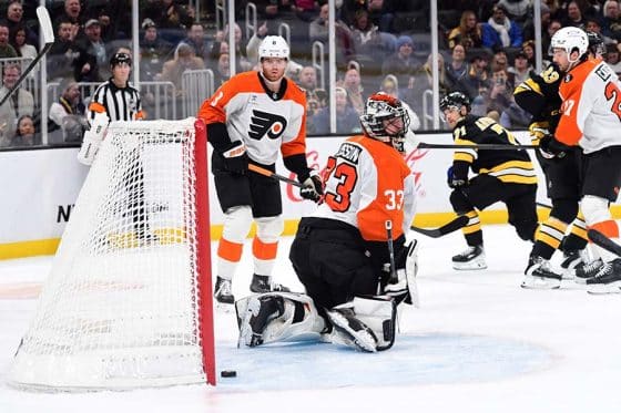 Jan 29, 2026; Boston, Massachusetts, USA; Boston Bruins left wing Viktor Arvidsson (71) scores a goal past Philadelphia Flyers goaltender Samuel Ersson (33) during the first period at TD Garden.